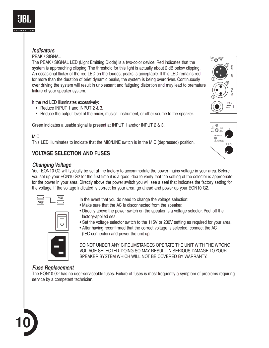 JBL EON10 manual Indicators 