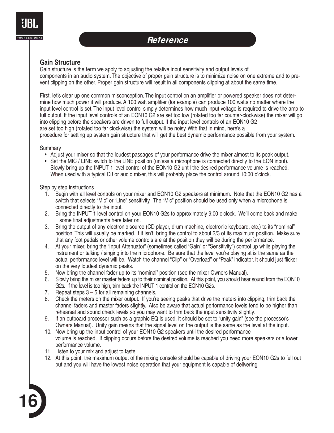 JBL EON10 manual Reference, Gain Structure 