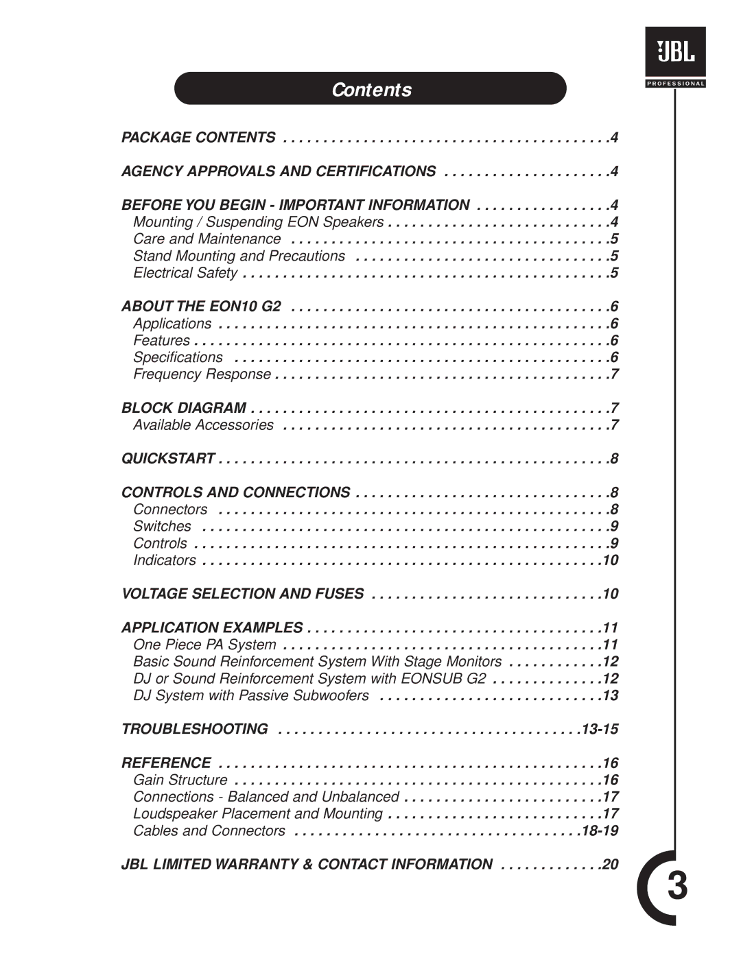 JBL EON10 manual Contents 