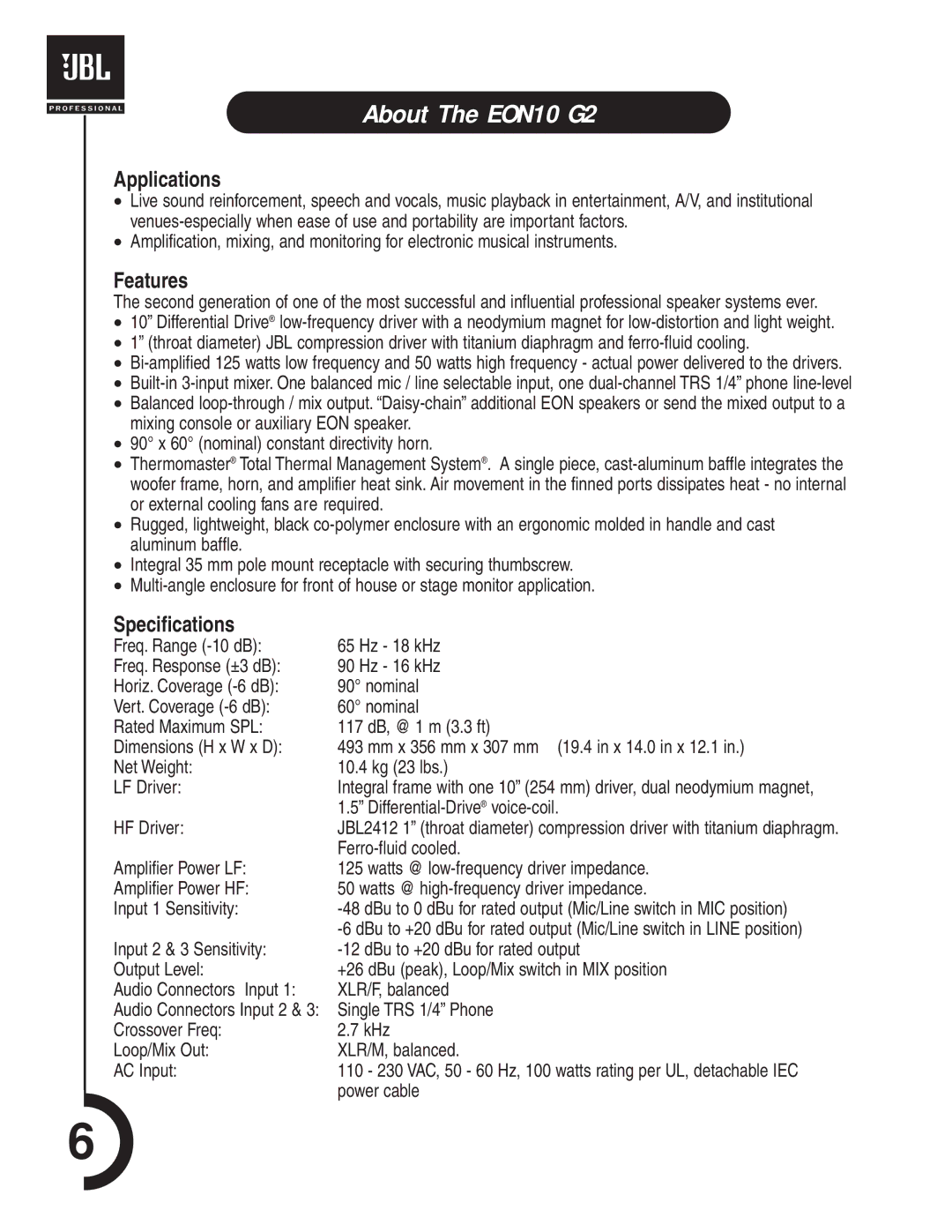 JBL manual About The EON10 G2, Applications, Features, Specifications 