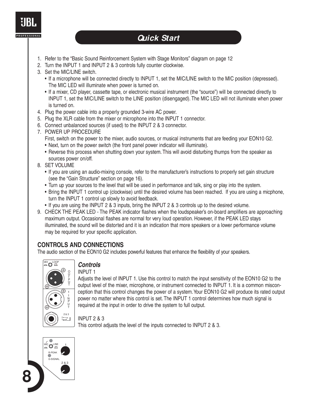 JBL EON10 manual Quick Start, Power UP Procedure 