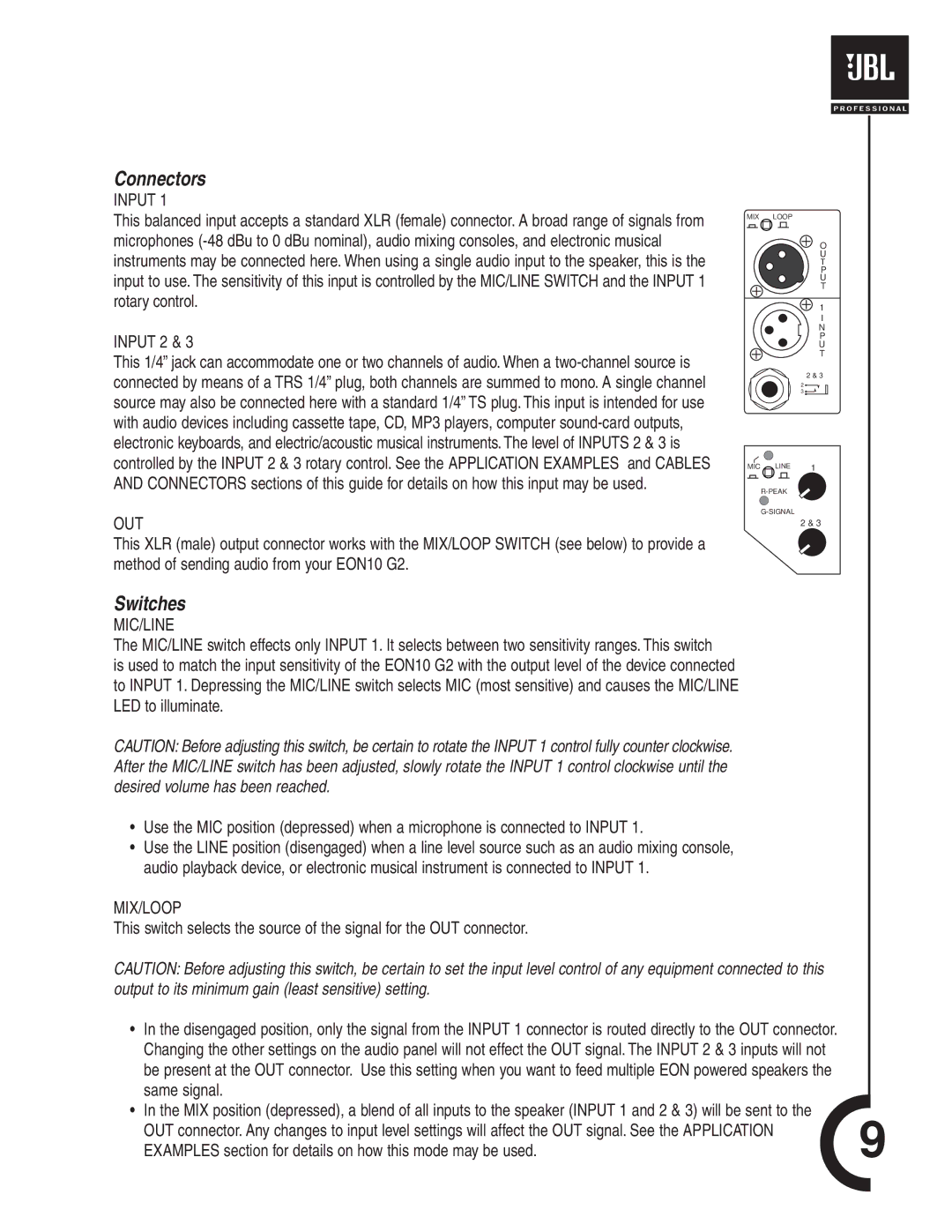 JBL EON10 manual Connectors 