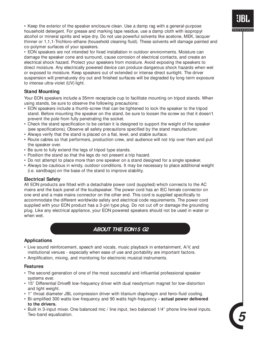 JBL manual About the EON15 G2, Stand Mounting, Electrical Safety, Applications, Features 