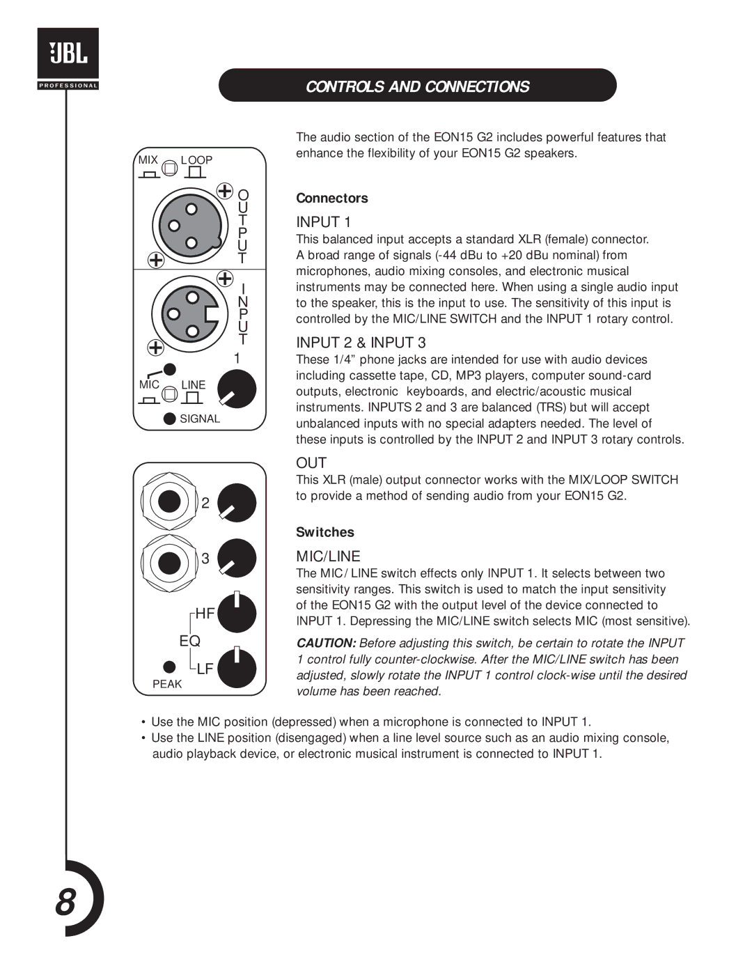 JBL EON15 G2 manual Controls and Connections, Connectors, Switches 