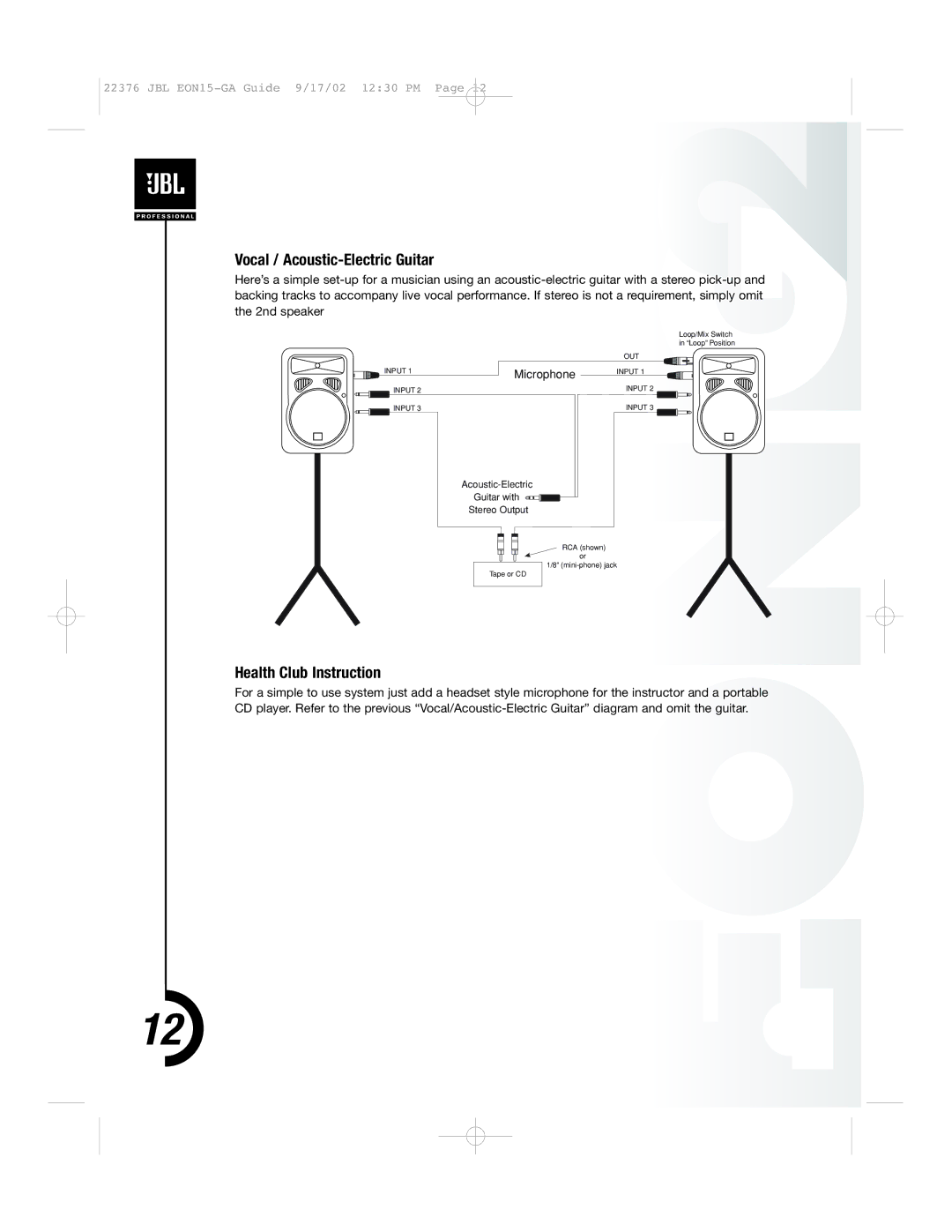 JBL EON15 manual Vocal / Acoustic-Electric Guitar, Health Club Instruction 