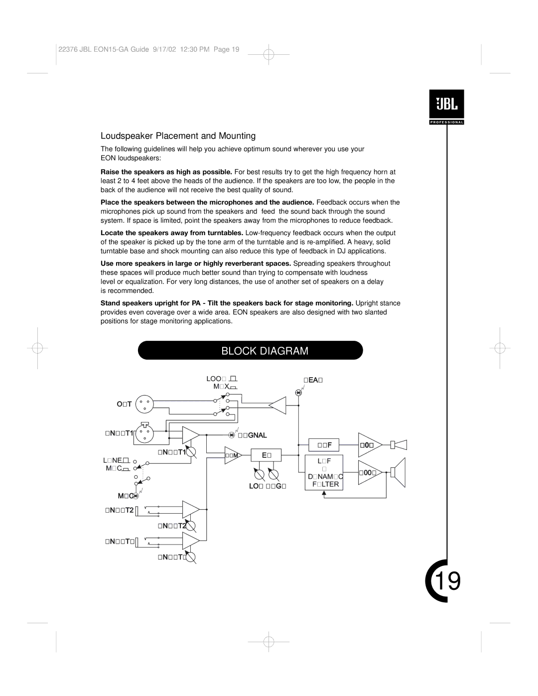 JBL EON15 manual Block Diagram, Loudspeaker Placement and Mounting 