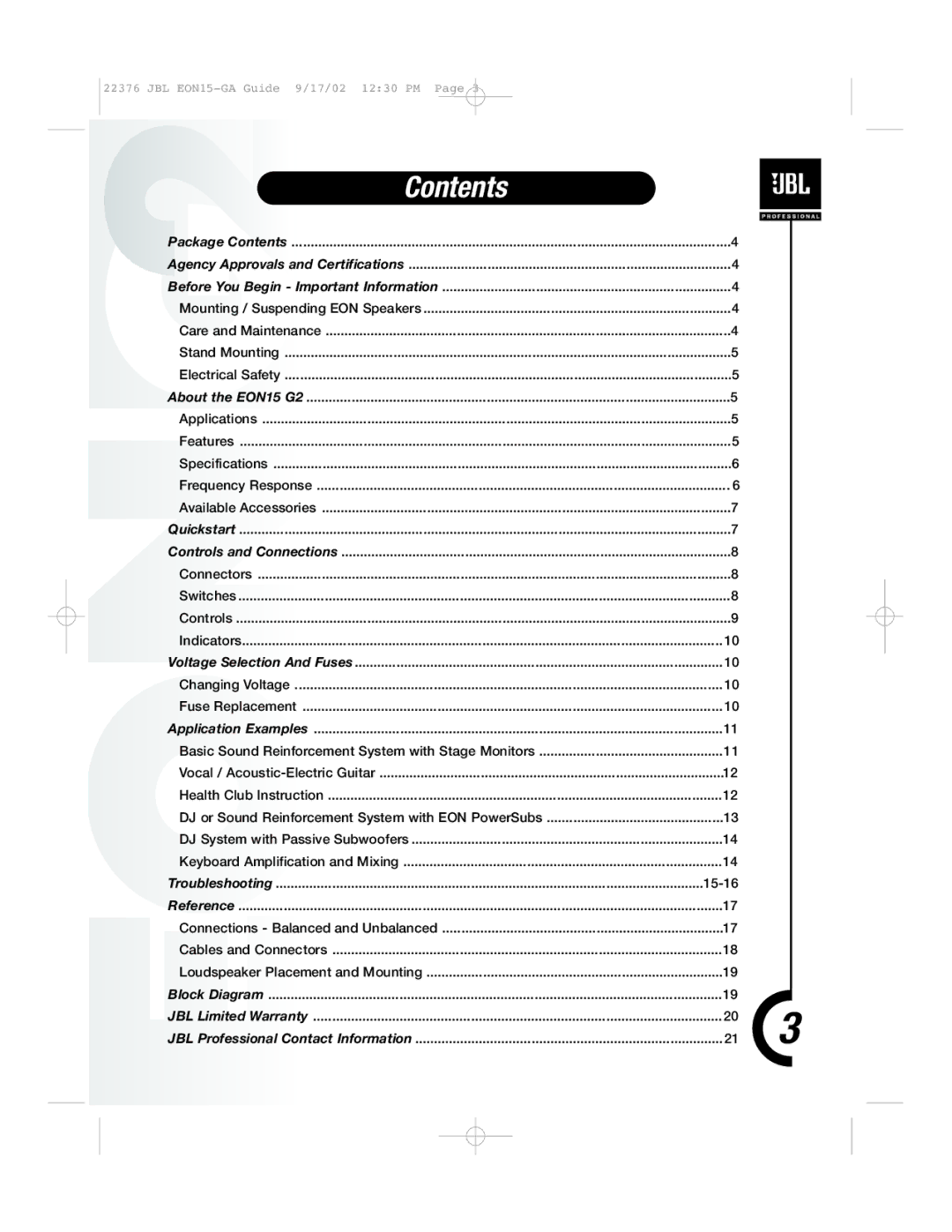 JBL EON15 manual Contents 