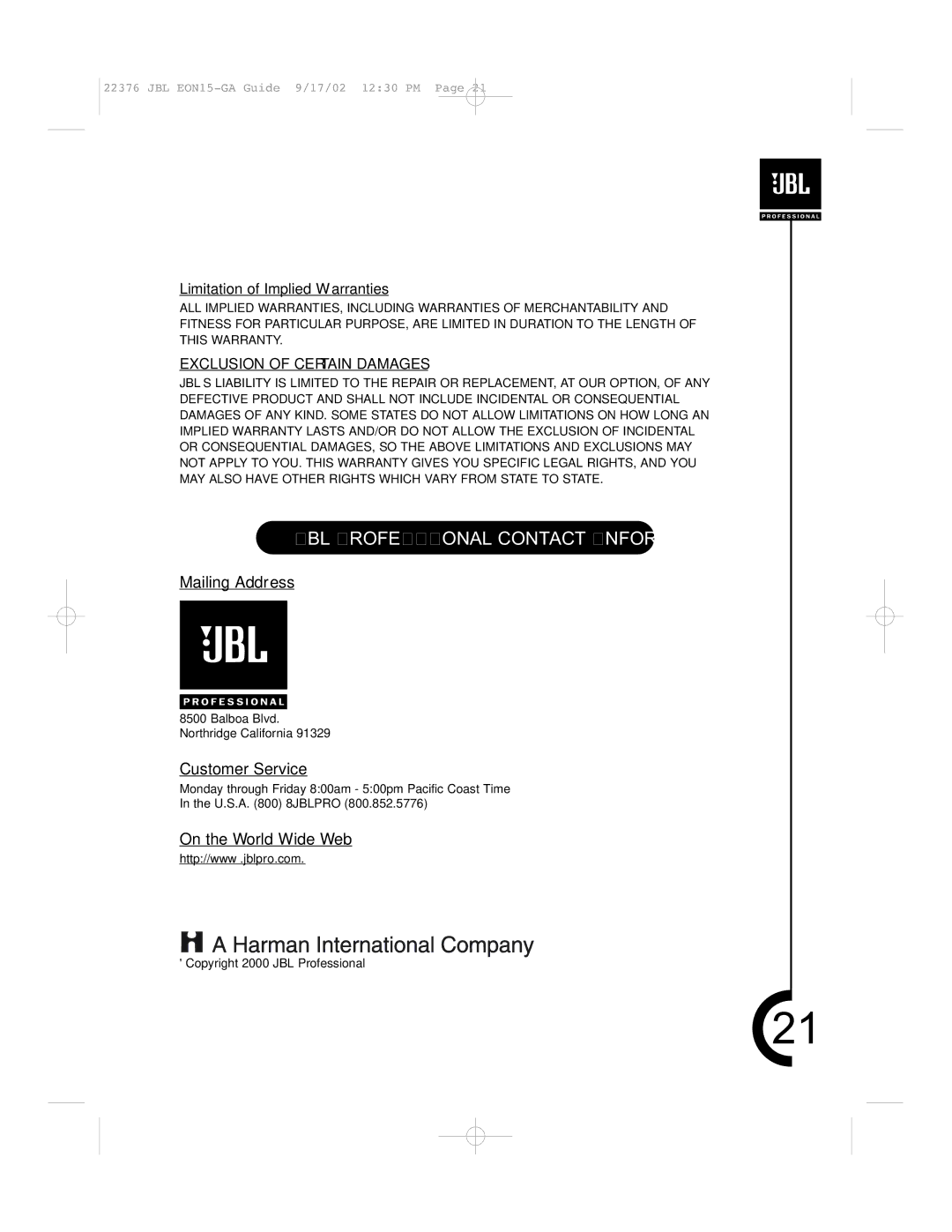 JBL EON15 manual JBL Professional Contact Information, Exclusion of Certain Damages 