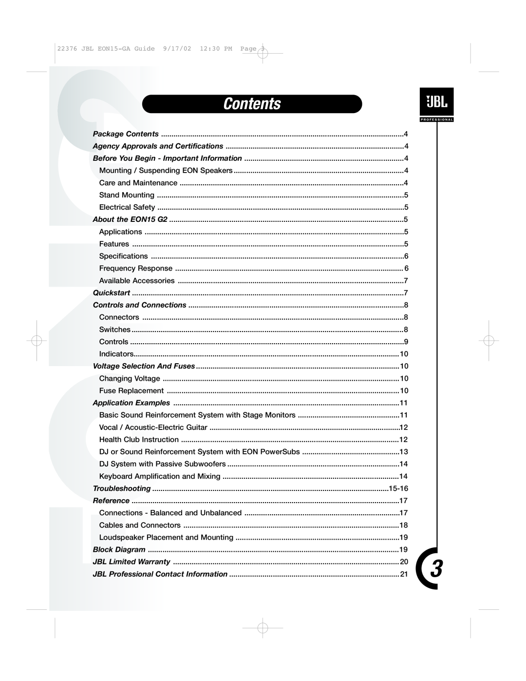 JBL EON15 manual Contents 