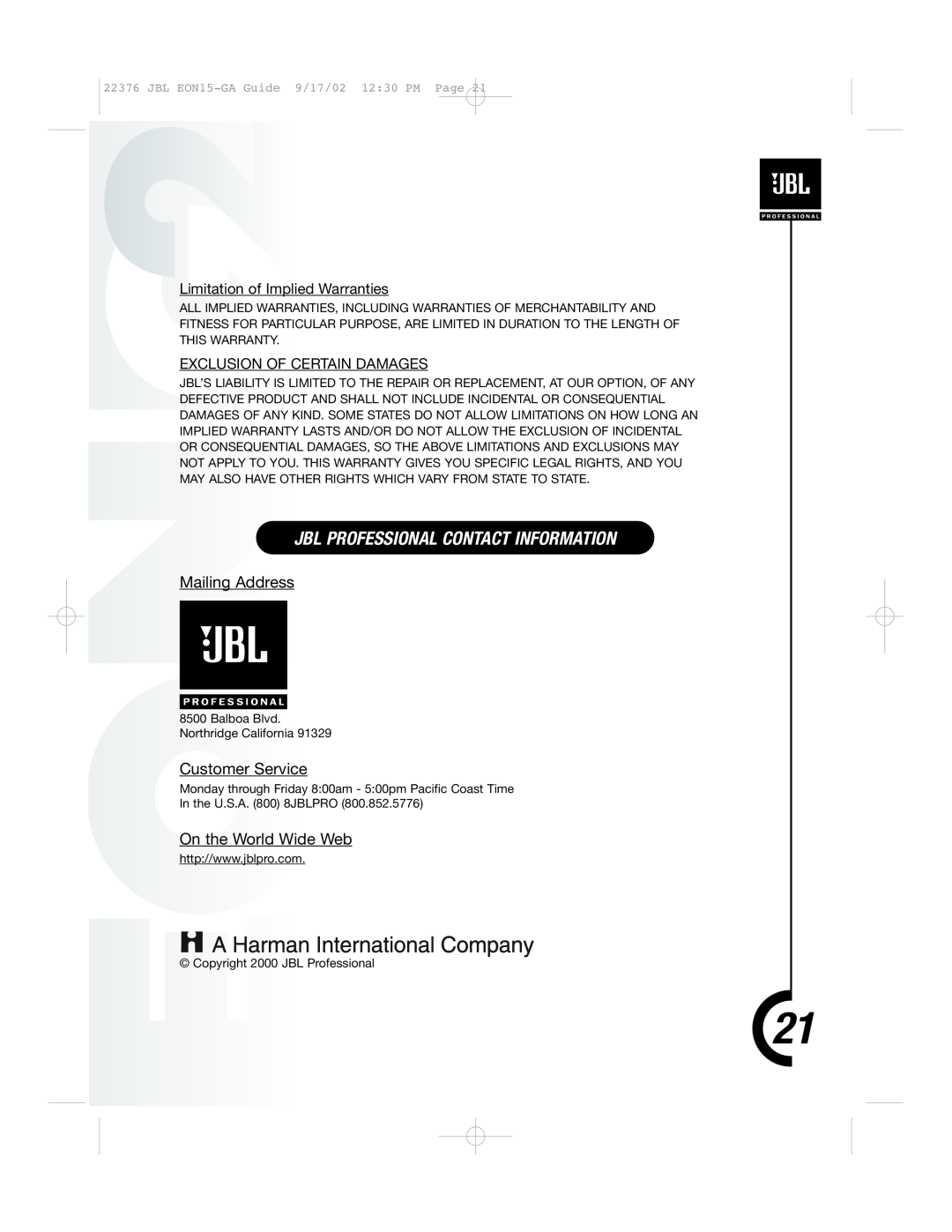 JBL EON15 manual Jbl Professional Contact Information, Limitation of Implied Warranties, Exclusion Of Certain Damages 