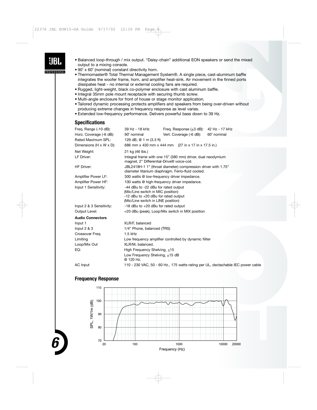 JBL manual Specifications, Frequency Response, JBL EON15-GAGuide 9/17/02 12 30 PM Page 