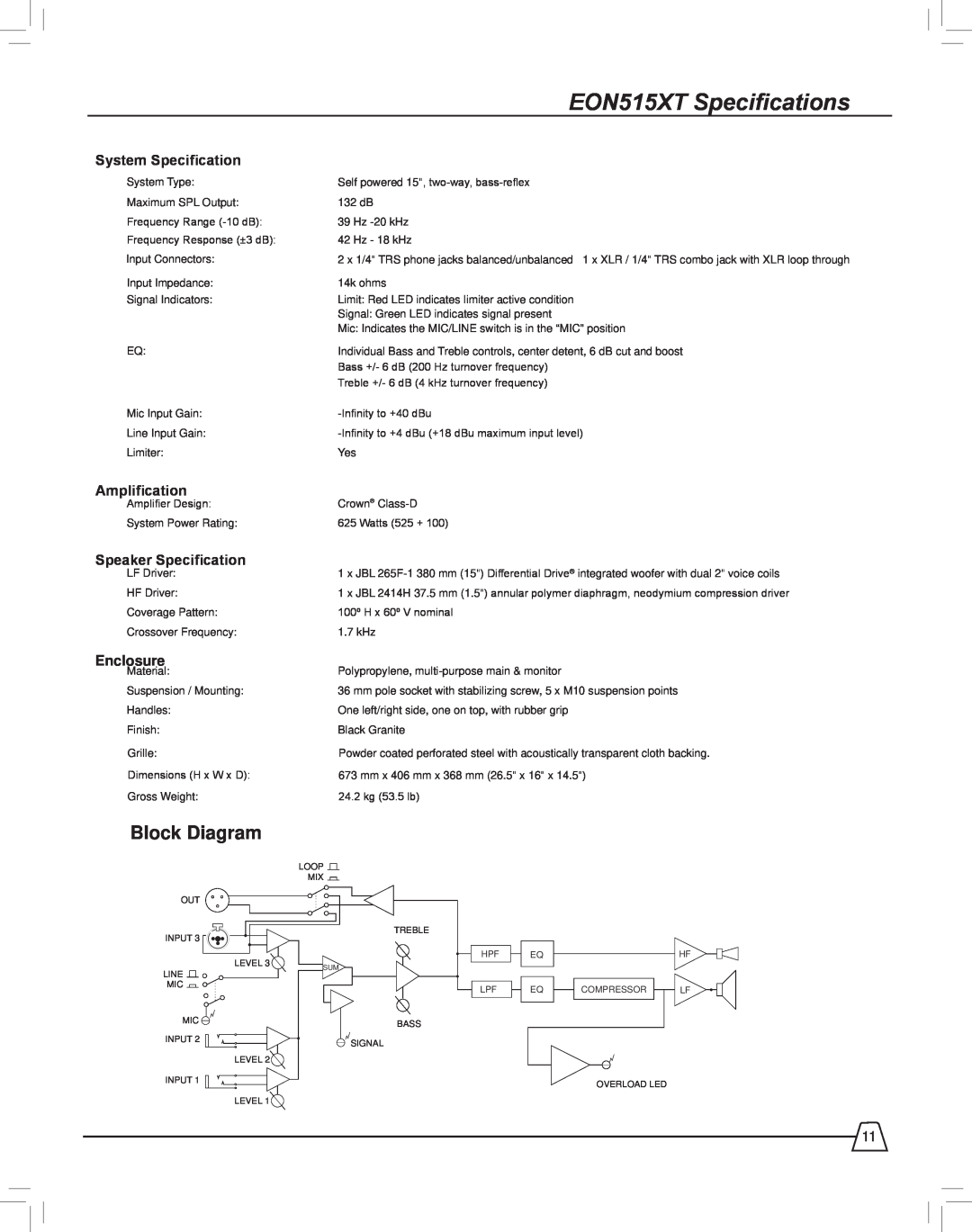 JBL manual EON515XT Specifications, Block Diagram 