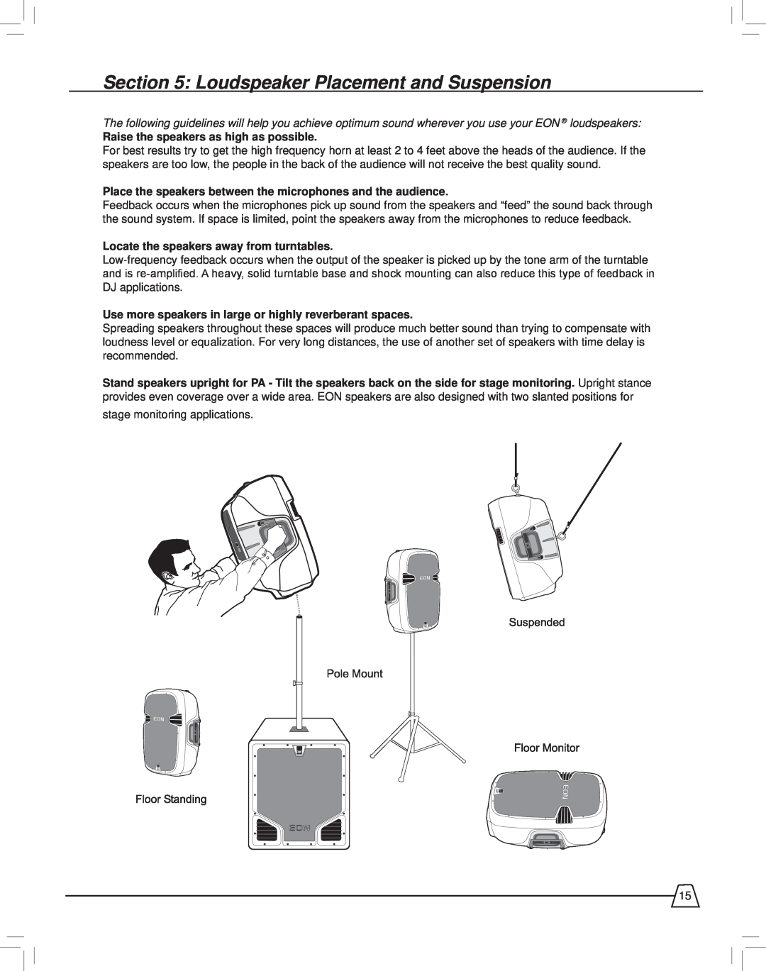JBL EON515XT manual Loudspeaker Placement and Suspension 