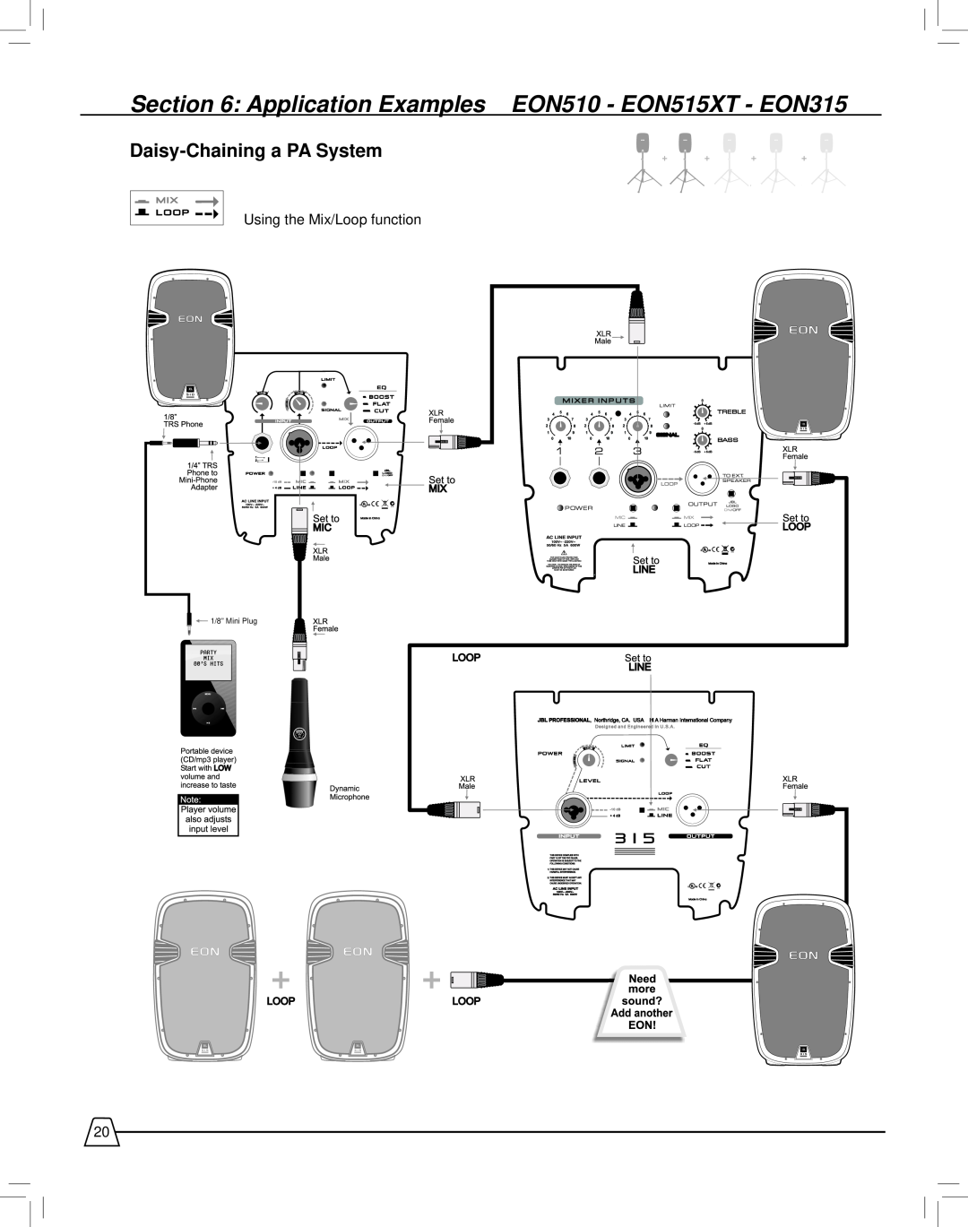 JBL EON515XT manual Daisy-Chaininga PA System, Using the Mix/Loop function, 1/8” Mini Plug 