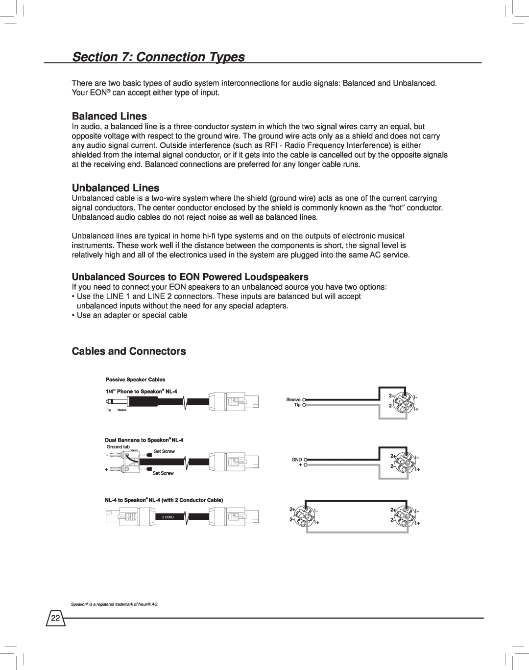 JBL EON515XT manual Connection Types, Balanced Lines, Unbalanced Lines, Cables and Connectors 