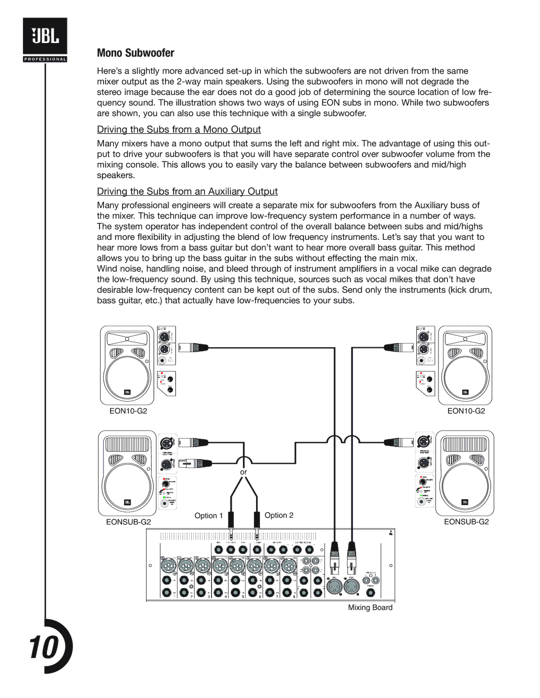 JBL EONSUB-G2 manual Mono Subwoofer, Driving the Subs from a Mono Output 