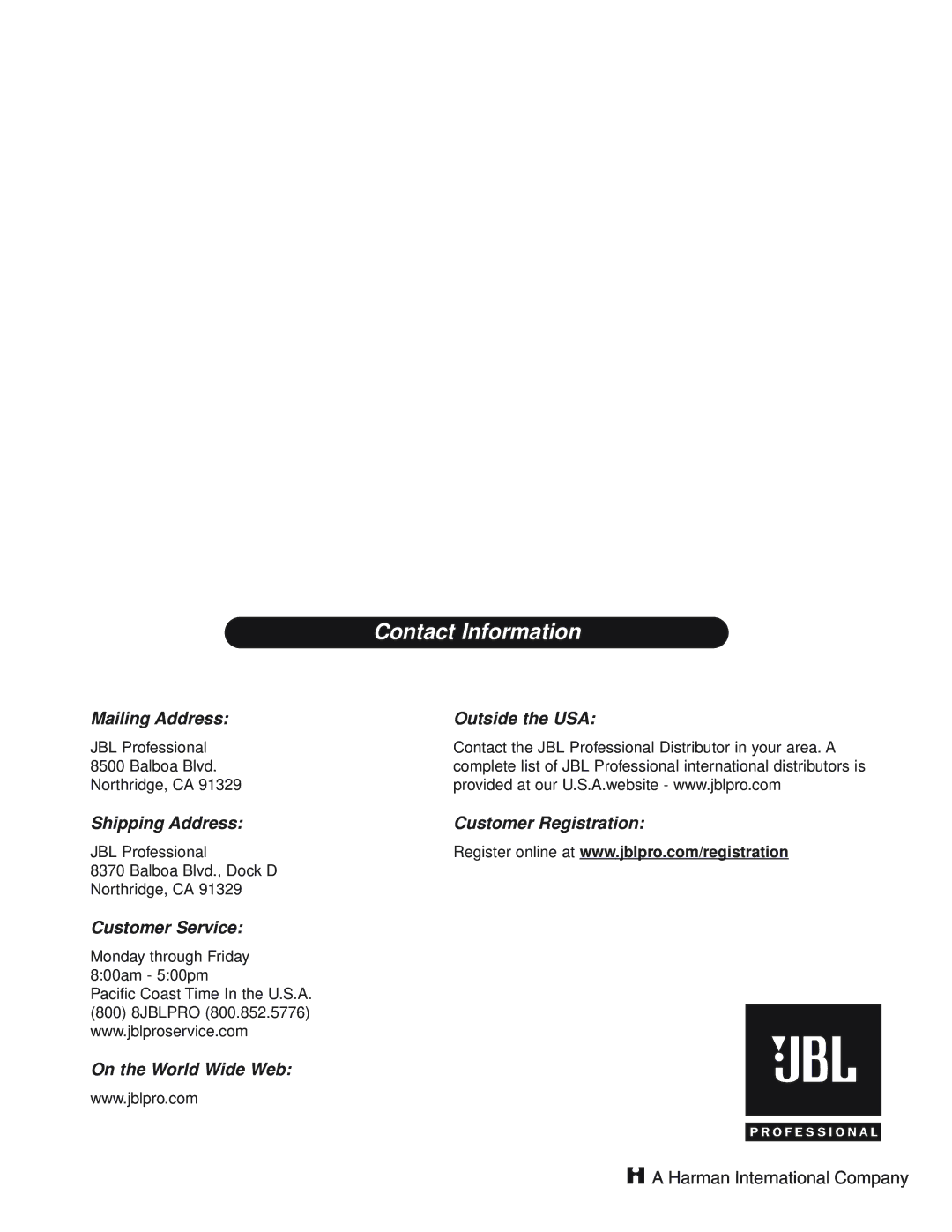 JBL EONSUB-G2 manual Contact Information 