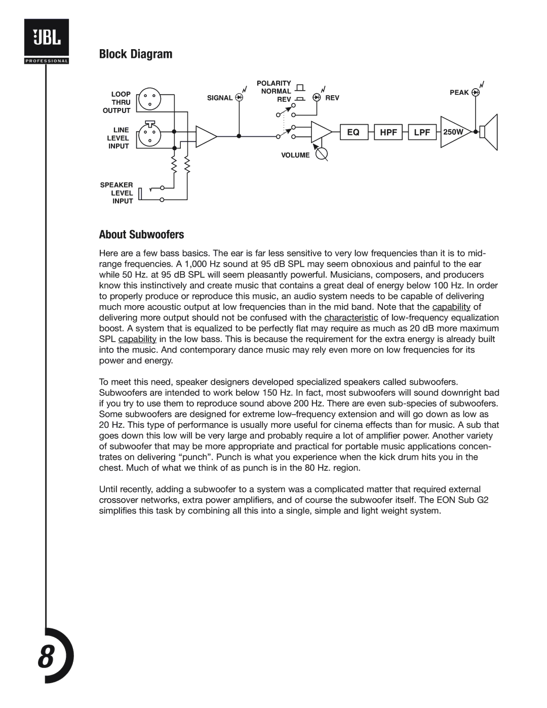 JBL EONSUB-G2 manual Block Diagram, About Subwoofers 