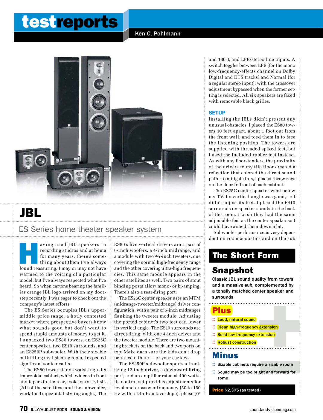 JBL ES10 manual Short Form, Setup 