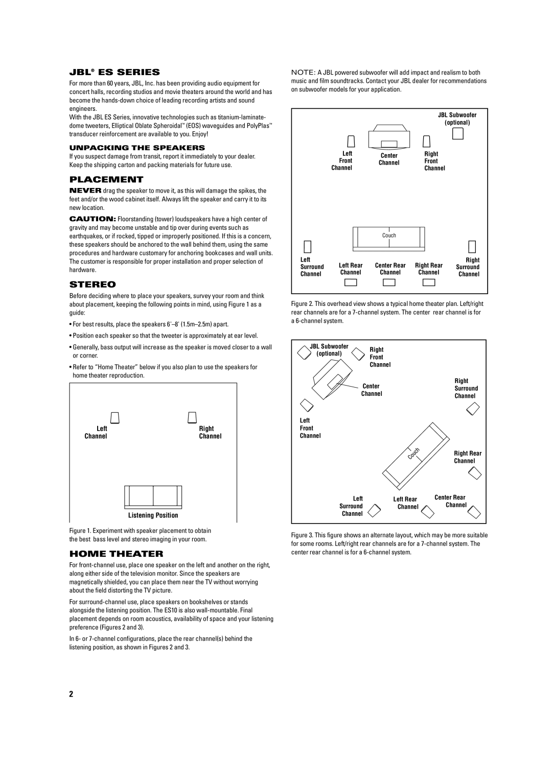 JBL ES20, ES100, ES90, ES25C, ES30, ES80 manual JBL ES Series, Placement, Stereo, Home Theater 