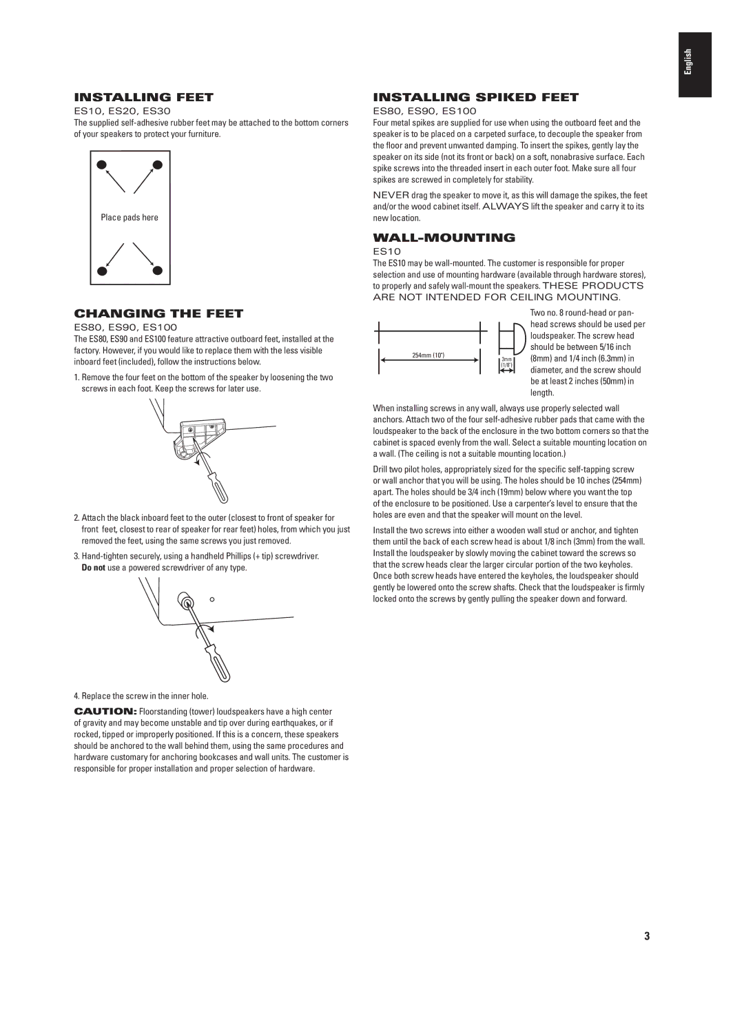 JBL ES100, ES90, ES20, ES25C, ES30, ES80 manual Installing Feet, Changing the Feet, Installing Spiked Feet, Wall-Mounting 