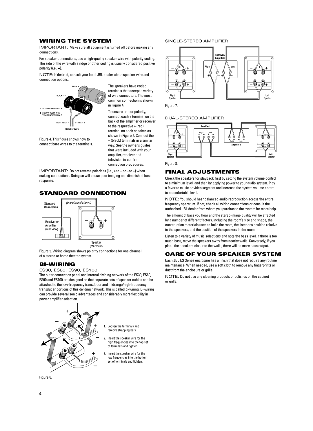 JBL ES25C, ES100, ES90 Wiring the System, Standard Connection, Bi-Wiring, Final Adjustments, Care of Your Speaker System 