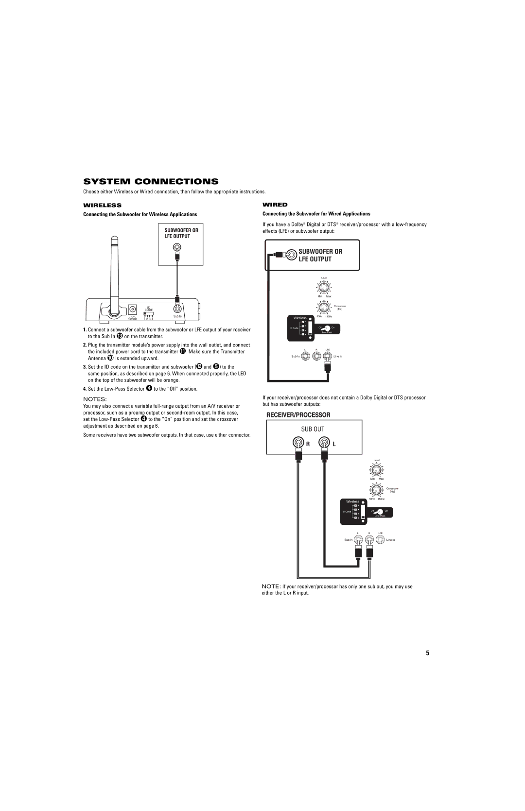 JBL ES250PW, ES150PW manual System Connections, Wireless Wired, Connecting the Subwoofer for Wired Applications 