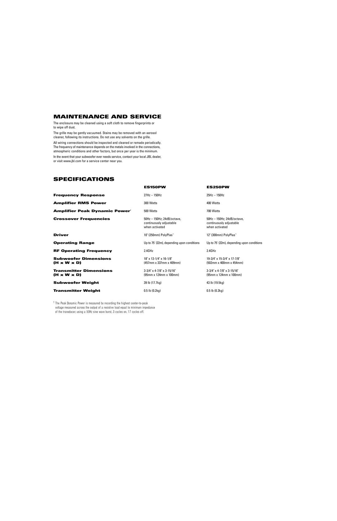 JBL manual Maintenance and Service, Specifications, ES150PW ES250PW 