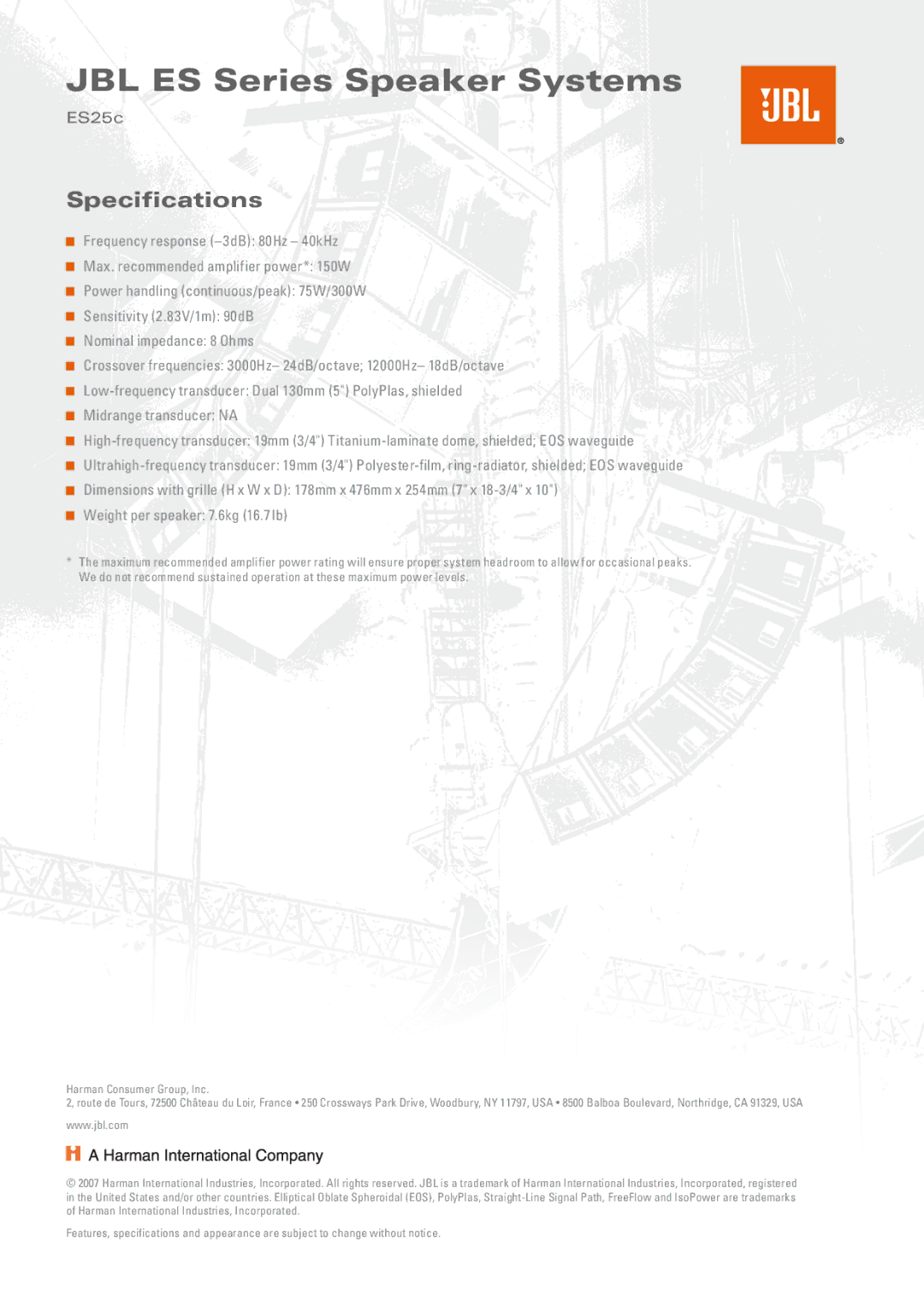 JBL ES25C specifications Specifications 