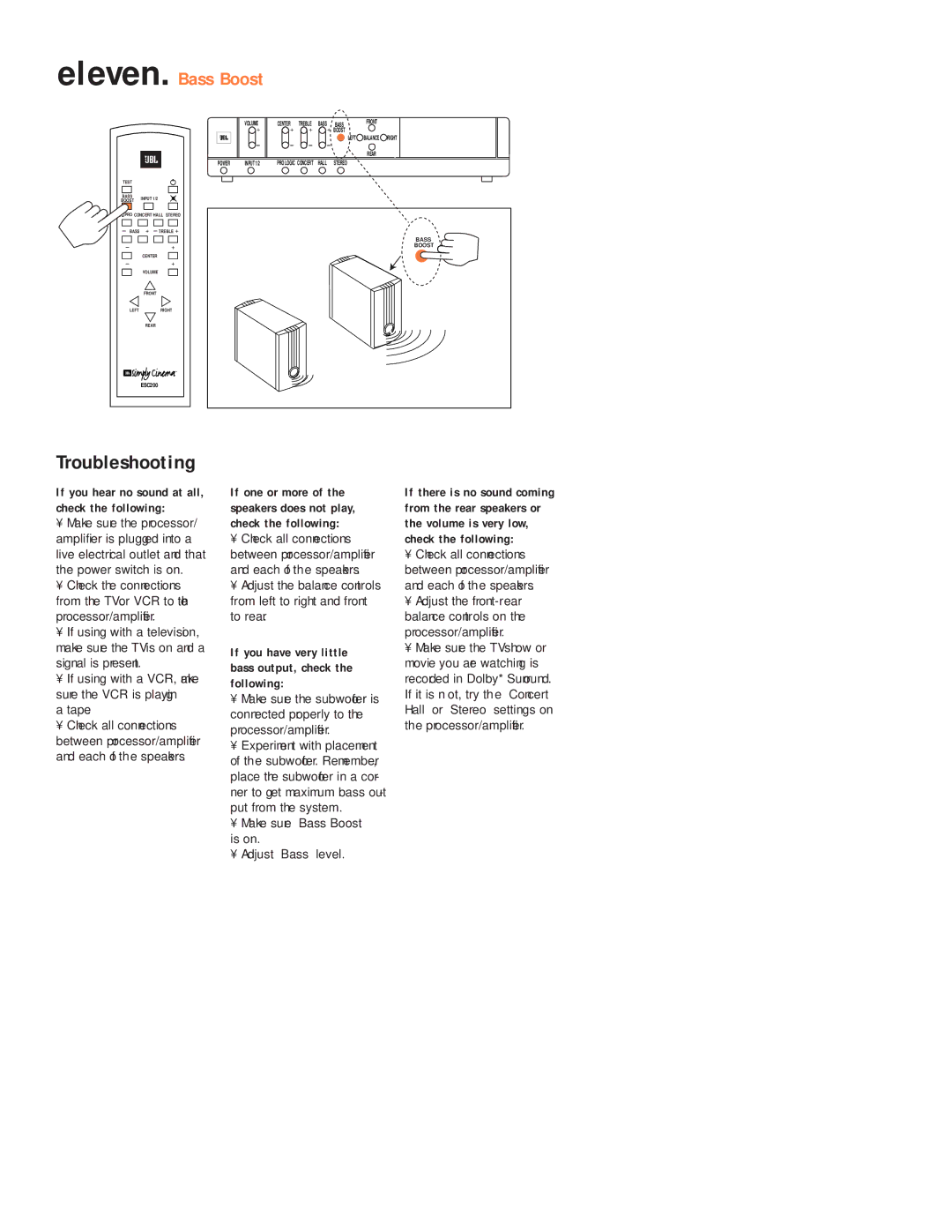 JBL ESC200 setup guide Troubleshooting, Eleven. Bass Boost, Tape, Make sure Bass Boost Is on Adjust Bass level 