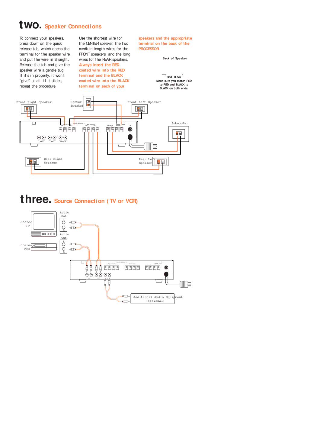 JBL ESC200 setup guide Two. Speaker Connections, Three. Source Connection TV or VCR 