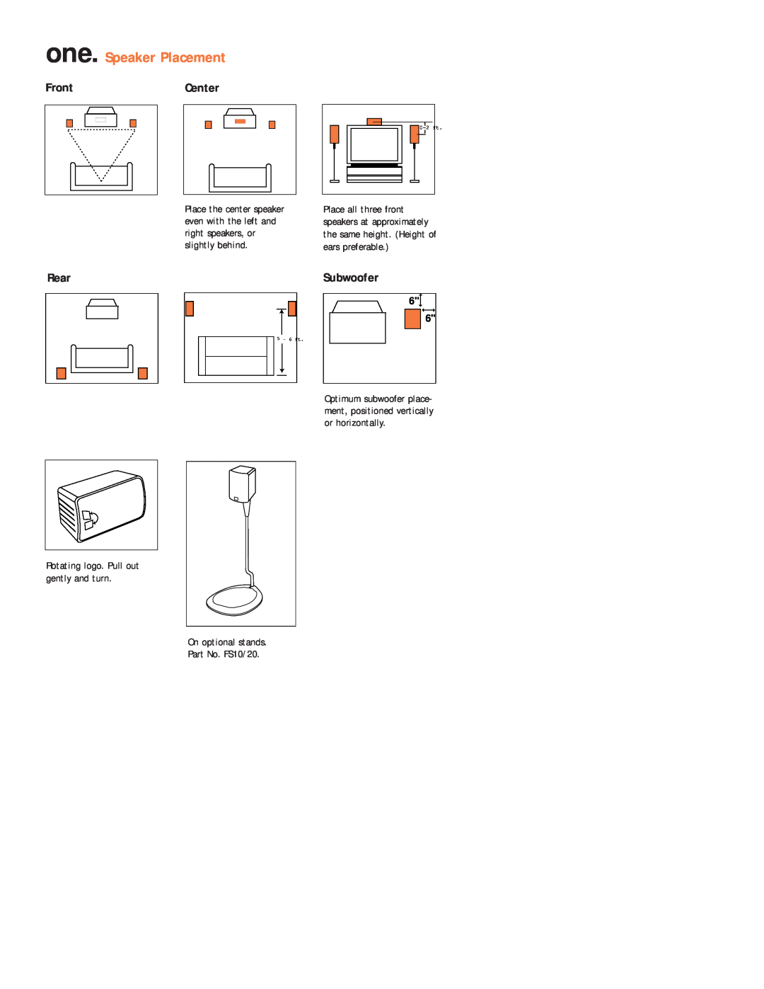 JBL ESC200 setup guide one. Speaker Placement, FrontCenter, Rear, Rotating logo. Pull out gently and turn 