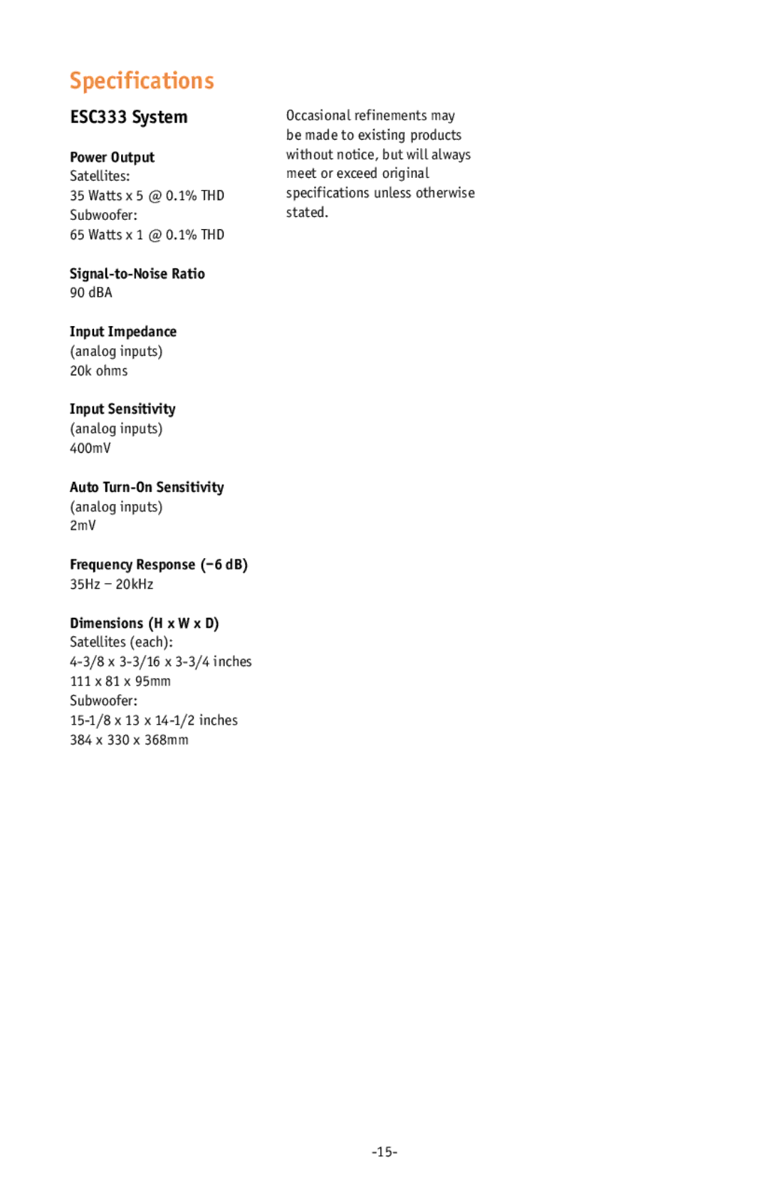 JBL ESC333 setup guide Specifications 