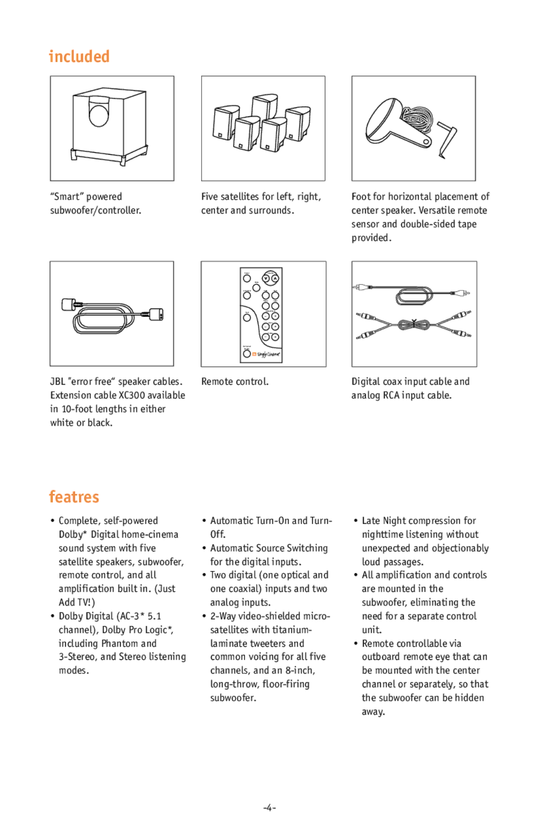 JBL ESC333 setup guide Included, Featres 