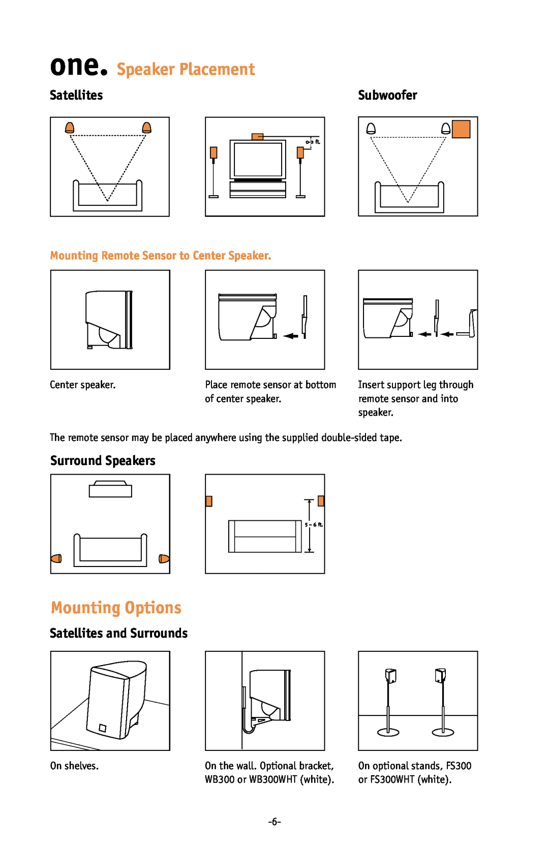 JBL ESC333 setup guide one. Speaker Placement, Mounting Options, Surround Speakers, Satellites and Surrounds 