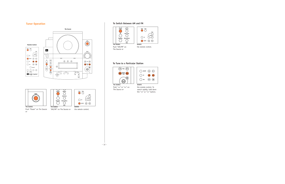 JBL ESC350 setup guide Tuner Operation, To Switch Between AM and FM, To Tune to a Particular Station, Or button 