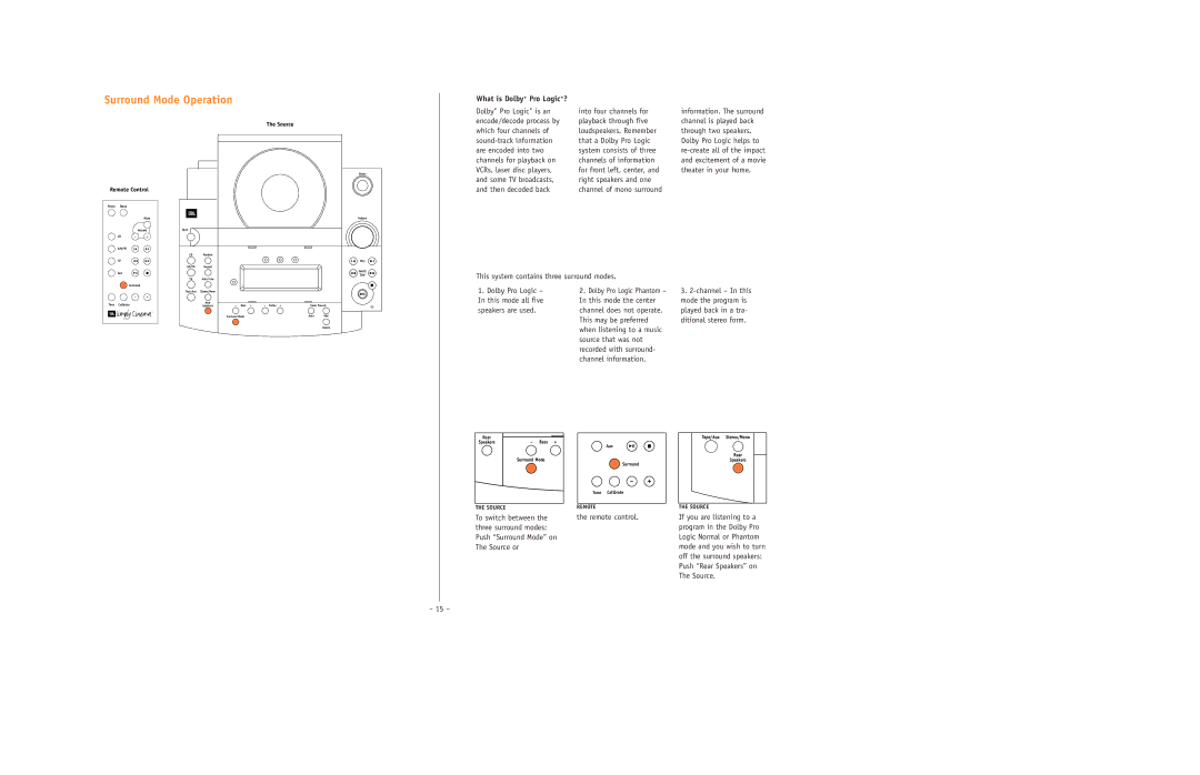 JBL ESC350 setup guide Surround Mode Operation, This system contains three surround modes 