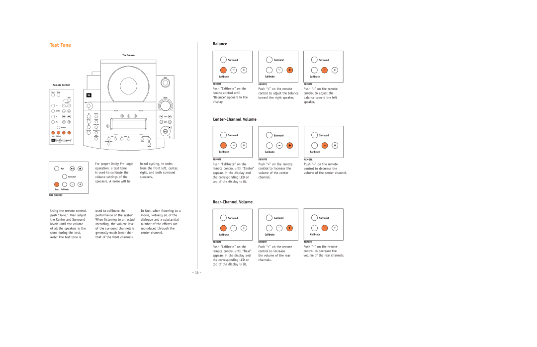 JBL ESC350 setup guide Test Tone, Balance, Center-Channel Volume, Rear-Channel Volume, Volume of the center channel 