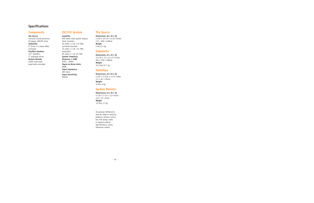 JBL setup guide Components ESC350 System, Source, Subwoofer, Satellites, System Remote 