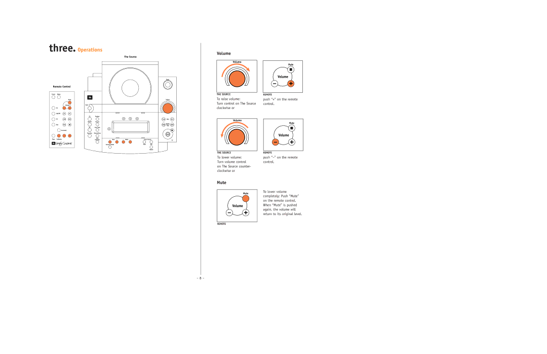 JBL ESC350 setup guide Three. Operations, Volume, Mute 