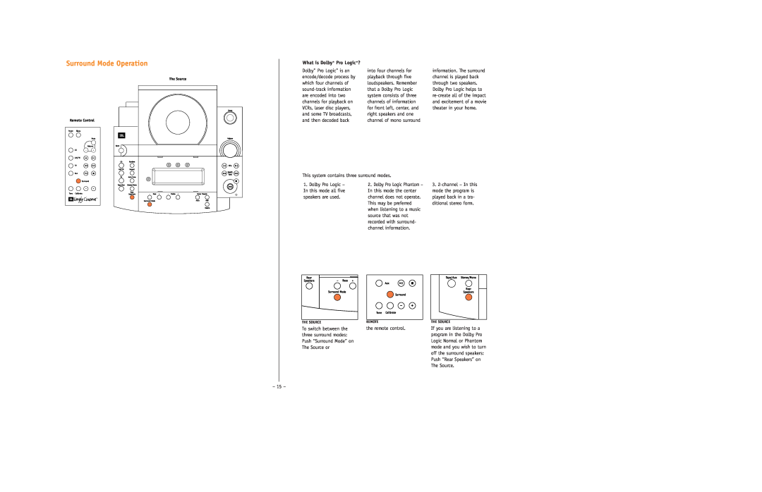 JBL ESC350 setup guide Surround Mode Operation, This system contains three surround modes, the remote control 