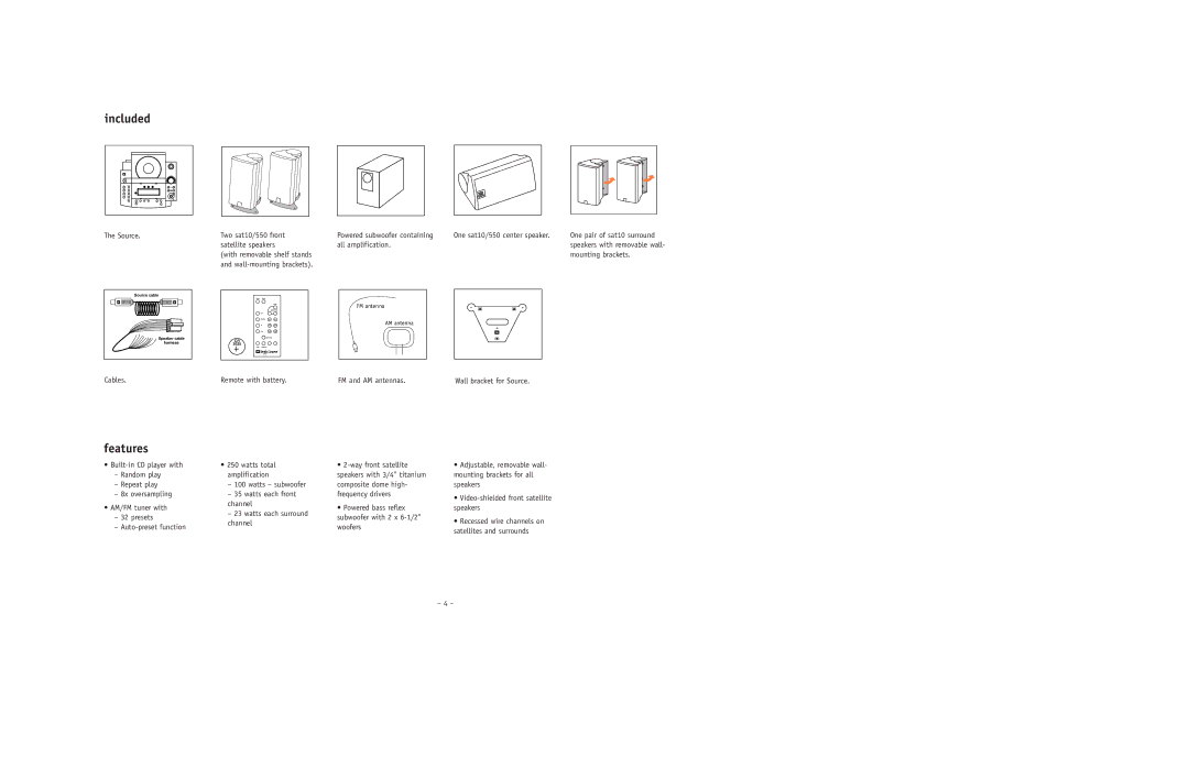 JBL ESC550 setup guide Included, Remote with battery FM and AM antennas 