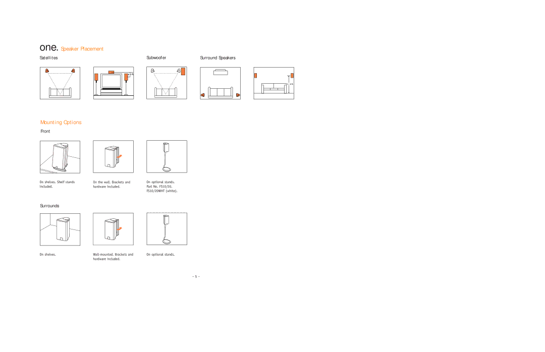 JBL ESC550 setup guide One. Speaker Placement, Mounting Options, Satellites, Front Subwoofer 