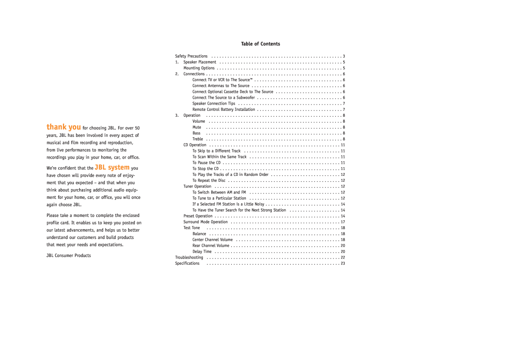 JBL ESC550 setup guide Table of Contents, JBL Consumer Products 