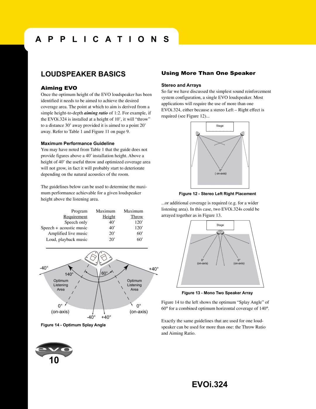 JBL EVO1.324 manual Aiming EVO, Using More Than One Speaker, Maximum Performance Guideline, Stereo and Arrays 