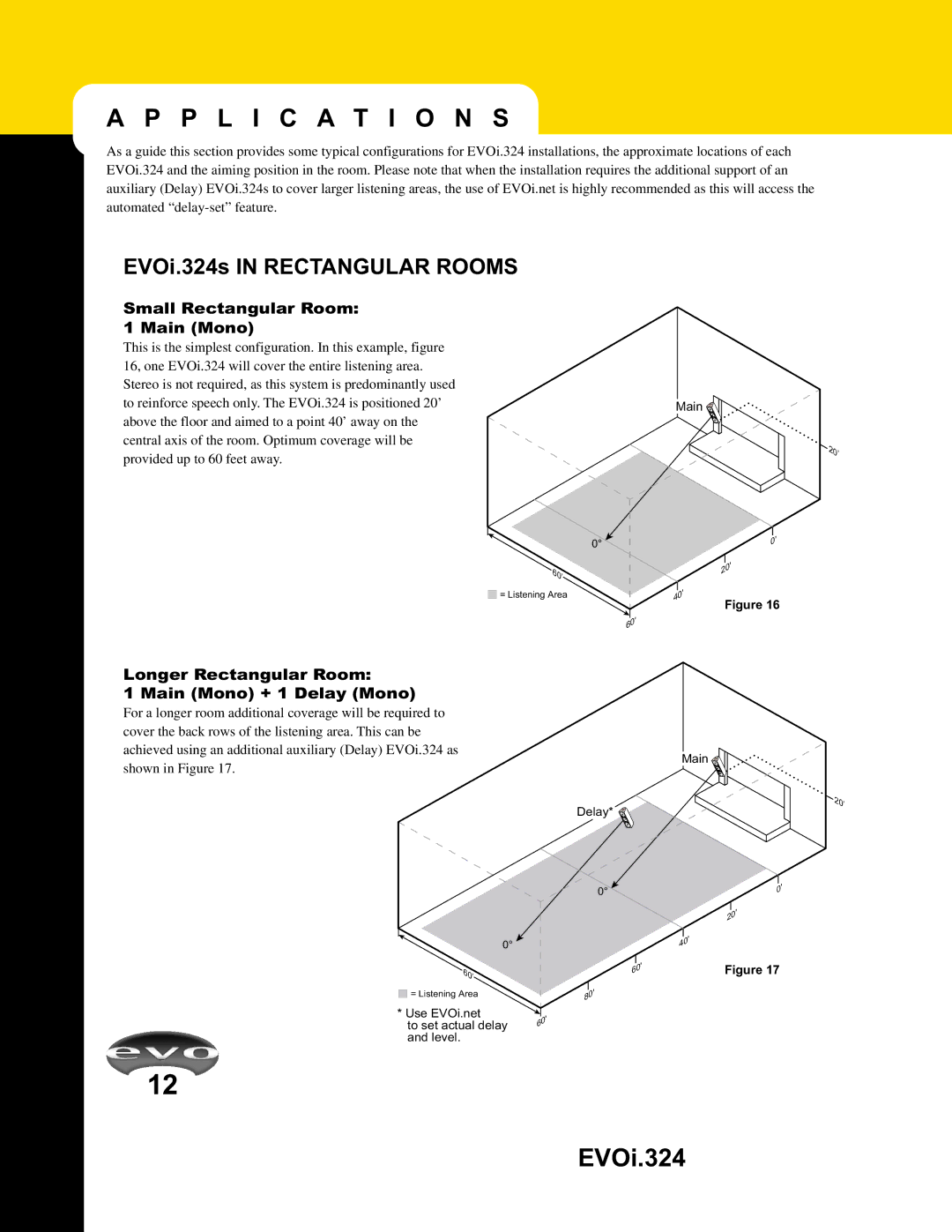 JBL EVO1.324 manual Small Rectangular Room Main Mono, Longer Rectangular Room Main Mono + 1 Delay Mono 