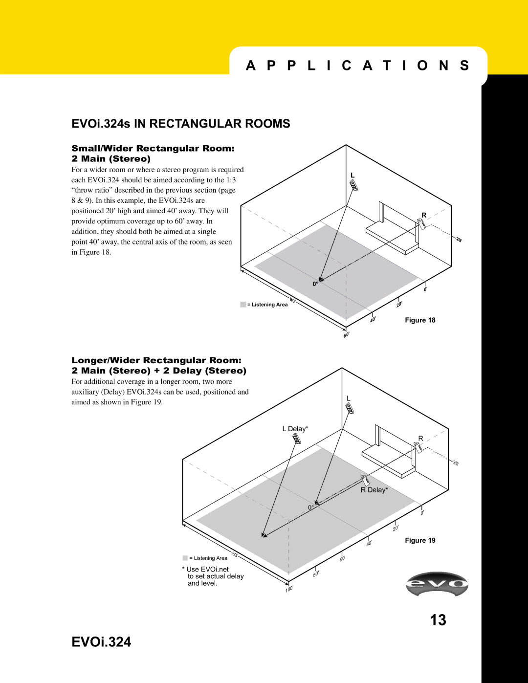 JBL EVO1.324 manual Small/Wider Rectangular Room Main Stereo, Longer/Wider Rectangular Room 2 Main Stereo + 2 Delay Stereo 