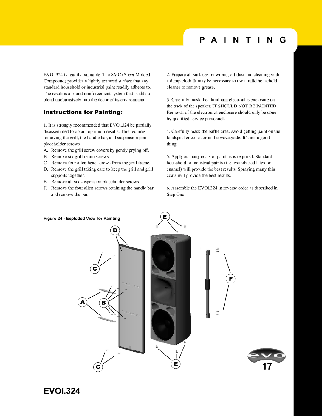 JBL EVO1.324 manual I N T I N G, Instructions for Painting 