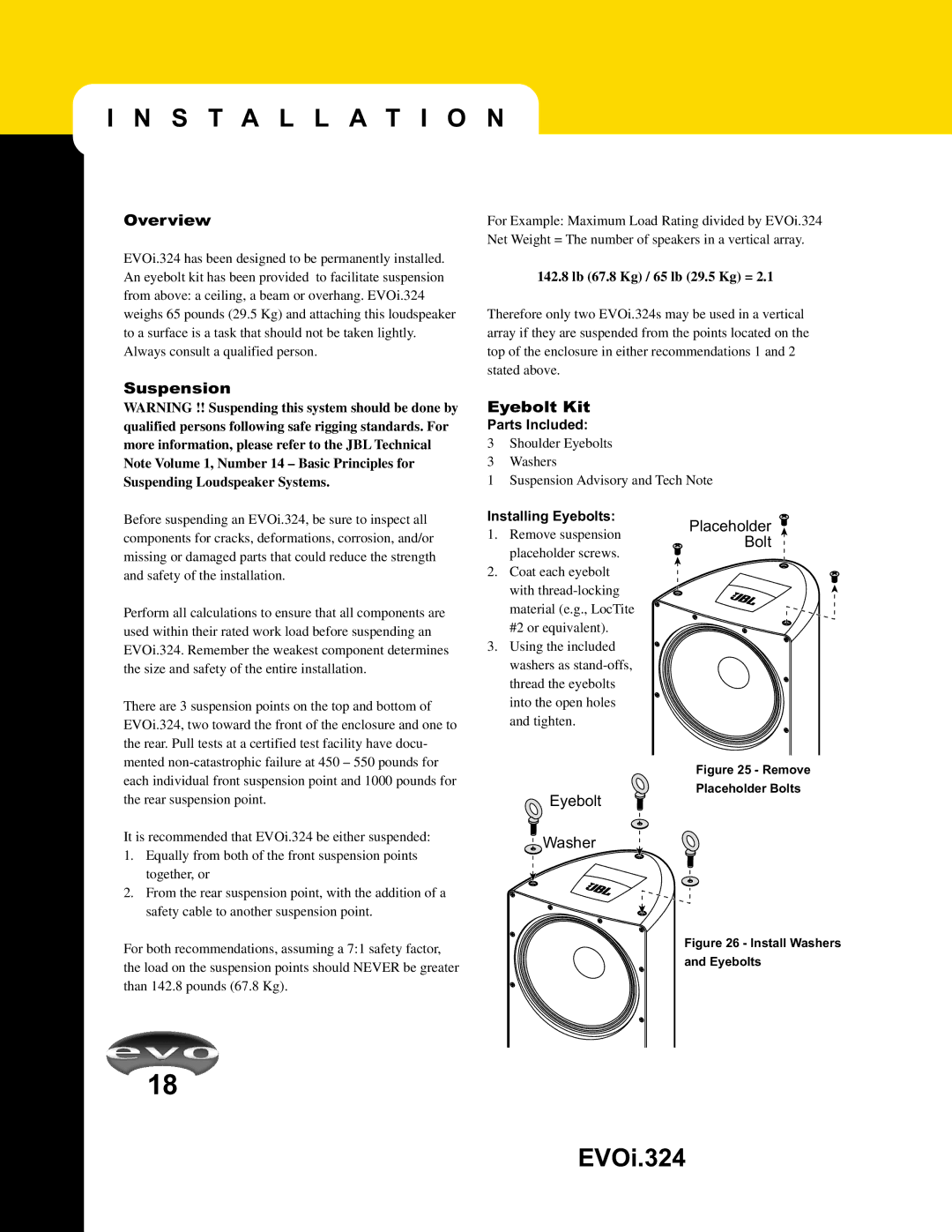 JBL EVO1.324 manual Installation, Overview, Suspension, Eyebolt Kit 