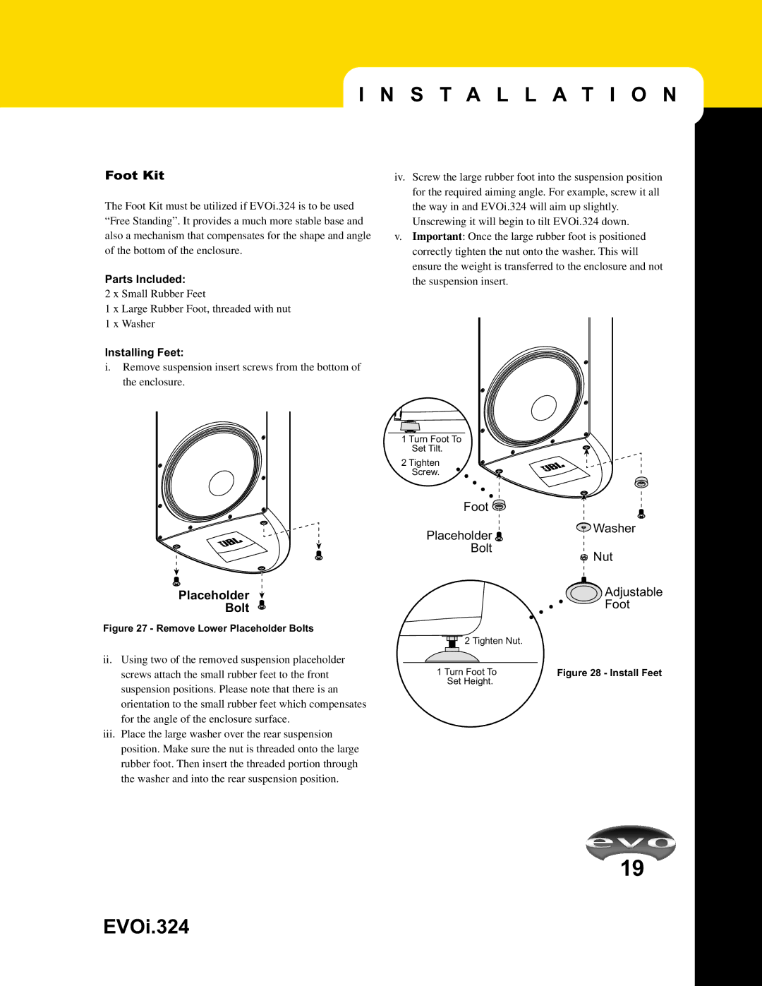 JBL EVO1.324 manual Foot Kit, Placeholder Bolt, Installing Feet 